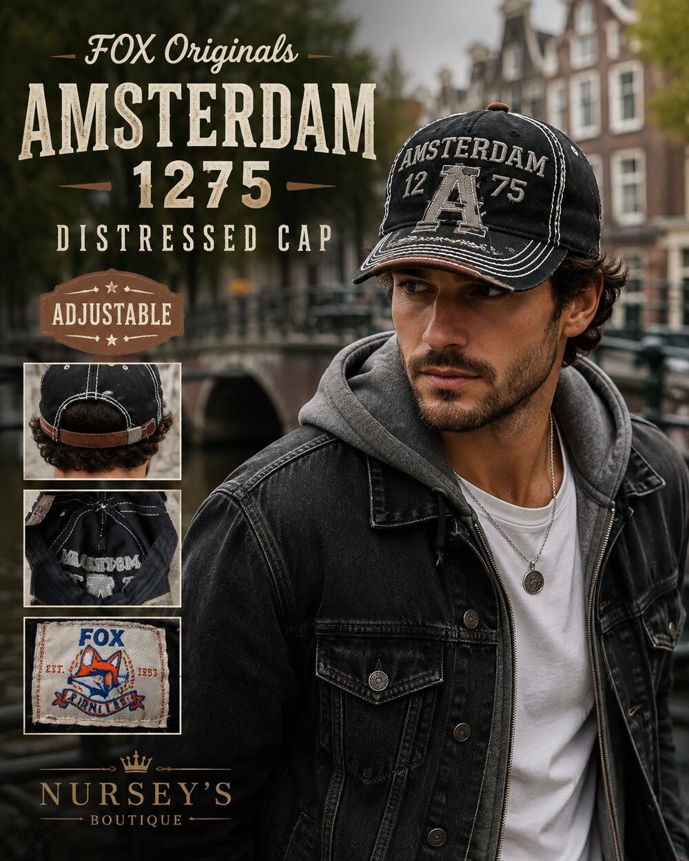FOX Originals Amsterdam 1275 Hat Black Distressed Embroidered Strapback Cap